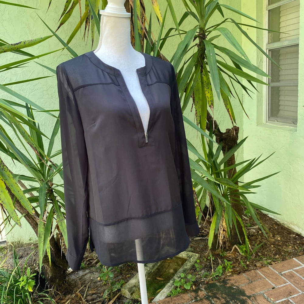 Black Sheer Zip Up Blouse